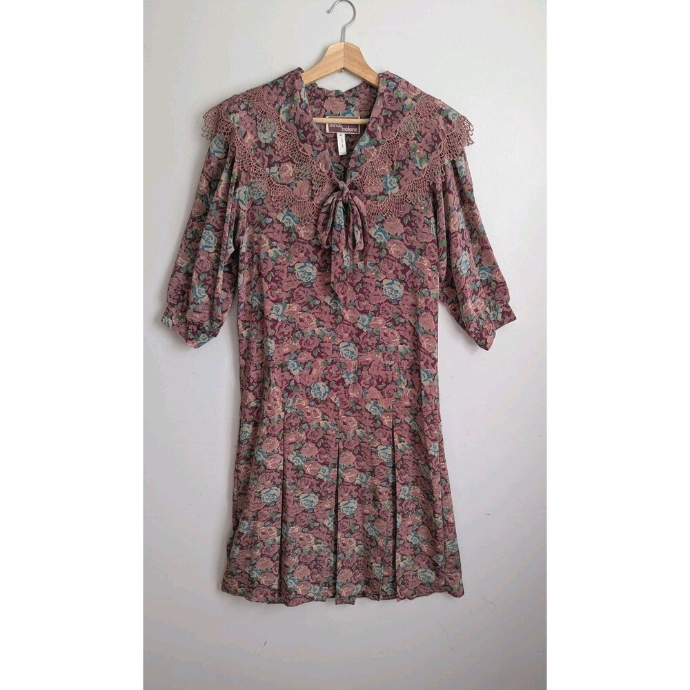 Vintage 80s Pink Floral Drop Waist Tea Dress Romantic Lace Trim Collar S 4 6